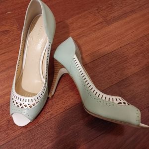 Ivanka Trump Mint and White Lace Peep Toe Heels